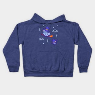 Pigeon flying on a broom Kids Hoodie